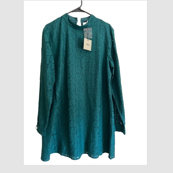 ASOS Sheath Dress 14 Green Cotton Lace Long Sleeve Washable Stretch NEW NWT - Picture 12 of 12